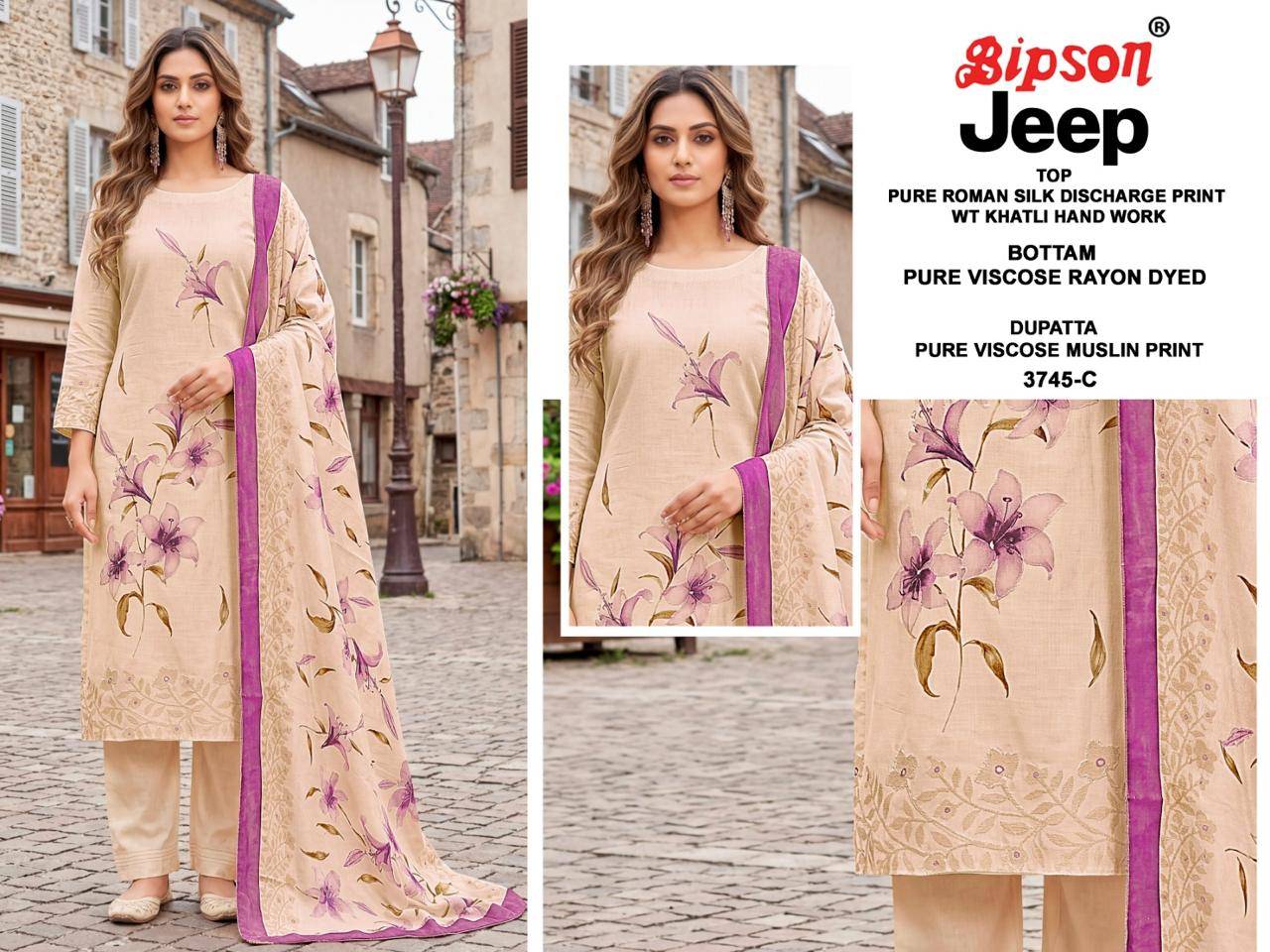 JEEP WRANGLAR - 3745 Series By BIPSON PRINTS Stylish Beautiful Colourful ROMAN SILK Dresses At Wholesale Price